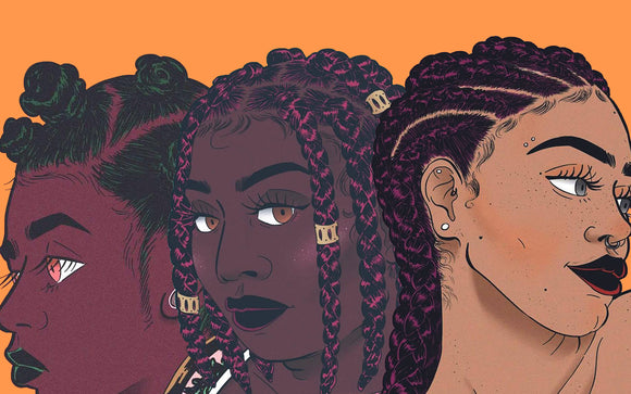 Illustration: @shannondrewthis, ebony.com. Three black women with a variety of braided hairstyles; bantu knots, box braids and cornrows.